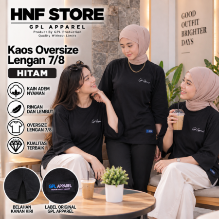 HITAM GPL APPAREL Kaos Wanita Oversize Lengan 7/8 Premium – Cotton Combed Adem & Nyaman