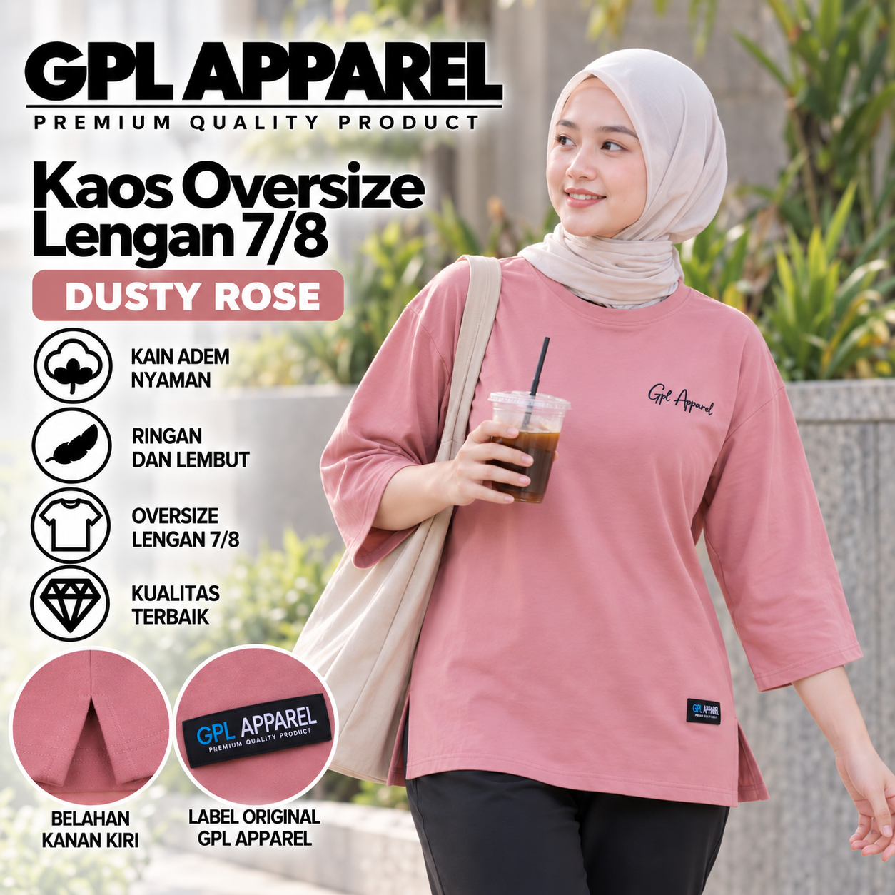 DUSTY ROSE GPL APPAREL Kaos Wanita Oversize Lengan 7/8 Premium – Cotton Combed Adem & Nyaman - Gambar 2