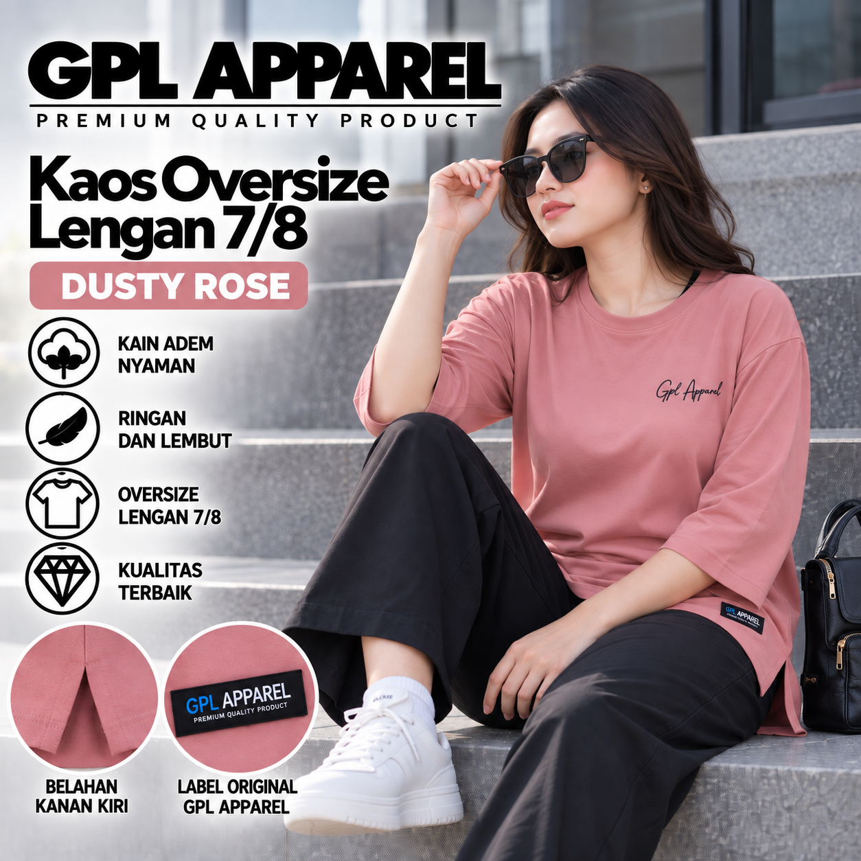 DUSTY ROSE GPL APPAREL Kaos Wanita Oversize Lengan 7/8 Premium – Cotton Combed Adem & Nyaman - Gambar 3