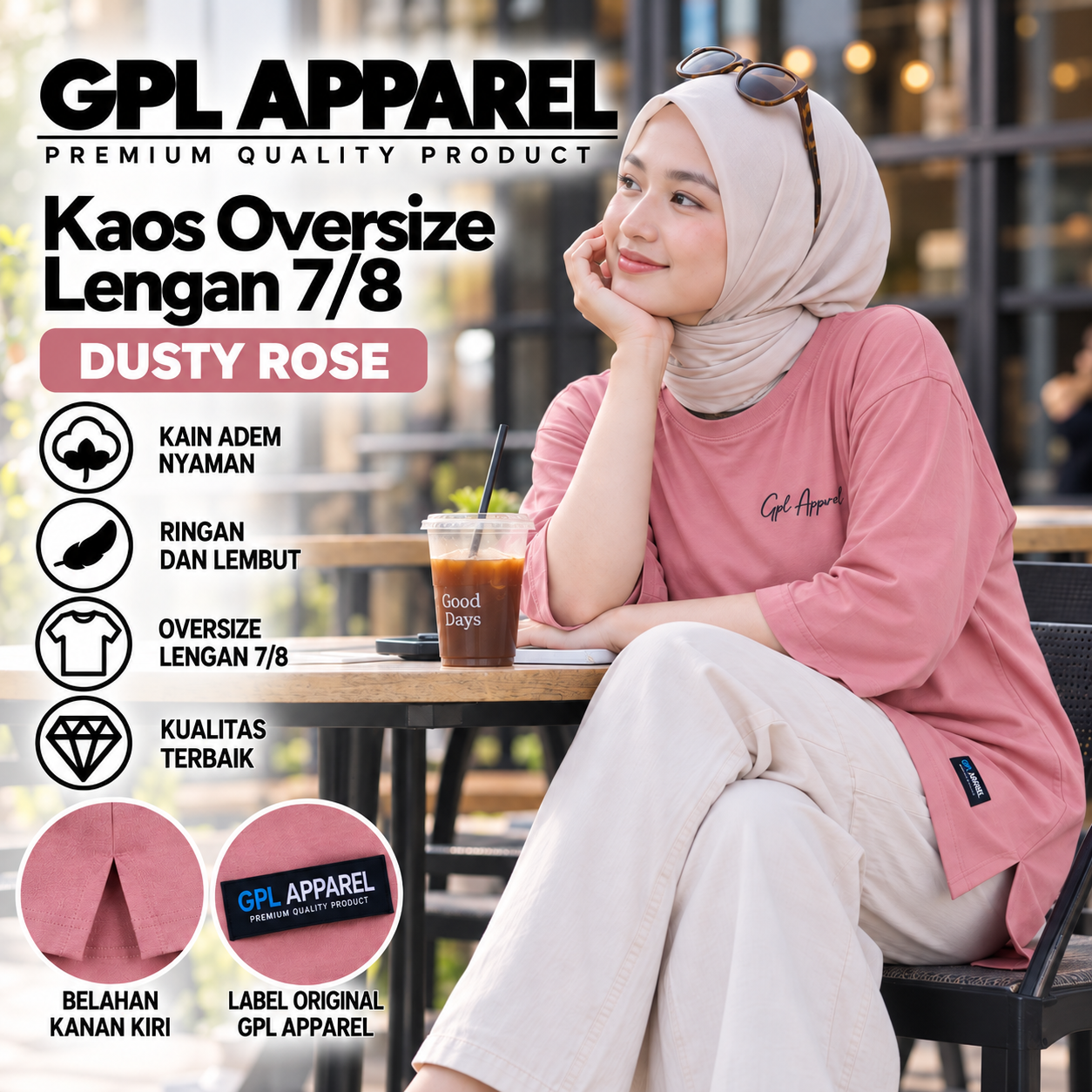 DUSTY ROSE GPL APPAREL Kaos Wanita Oversize Lengan 7/8 Premium – Cotton Combed Adem & Nyaman - Gambar 4