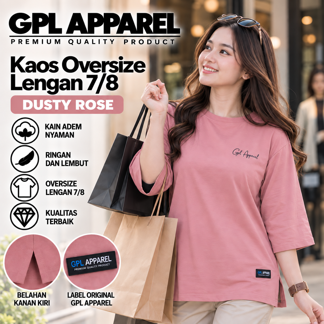 DUSTY ROSE GPL APPAREL Kaos Wanita Oversize Lengan 7/8 Premium – Cotton Combed Adem & Nyaman - Gambar 5