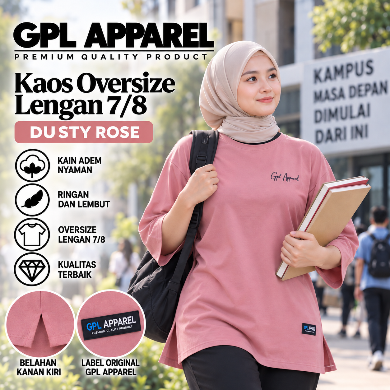 DUSTY ROSE GPL APPAREL Kaos Wanita Oversize Lengan 7/8 Premium – Cotton Combed Adem & Nyaman - Gambar 6