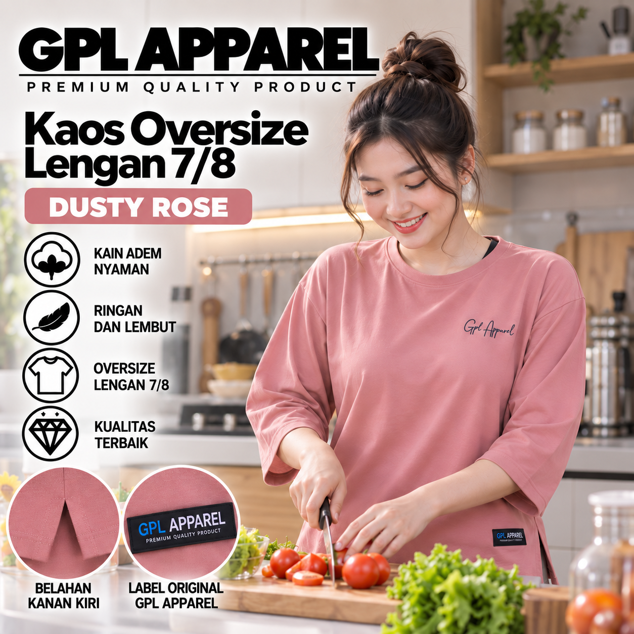 DUSTY ROSE GPL APPAREL Kaos Wanita Oversize Lengan 7/8 Premium – Cotton Combed Adem & Nyaman - Gambar 7