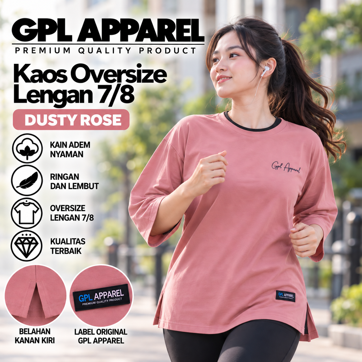 DUSTY ROSE GPL APPAREL Kaos Wanita Oversize Lengan 7/8 Premium – Cotton Combed Adem & Nyaman - Gambar 8