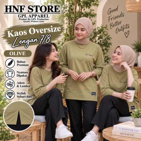 OLIVE  GPL APPAREL Kaos Wanita Oversize Lengan 7/8 Premium – Cotton Combed Adem & Nyaman
