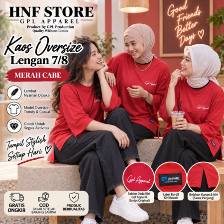MERAH CABE GPL APPAREL Kaos Wanita Oversize Lengan 7/8 Premium – Cotton Combed Adem & Nyaman