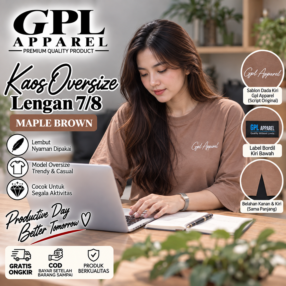 MAPLE BROWN GPL APPAREL Kaos Wanita Oversize Lengan 7/8 Premium – Cotton Combed Adem & Nyaman - Gambar 2