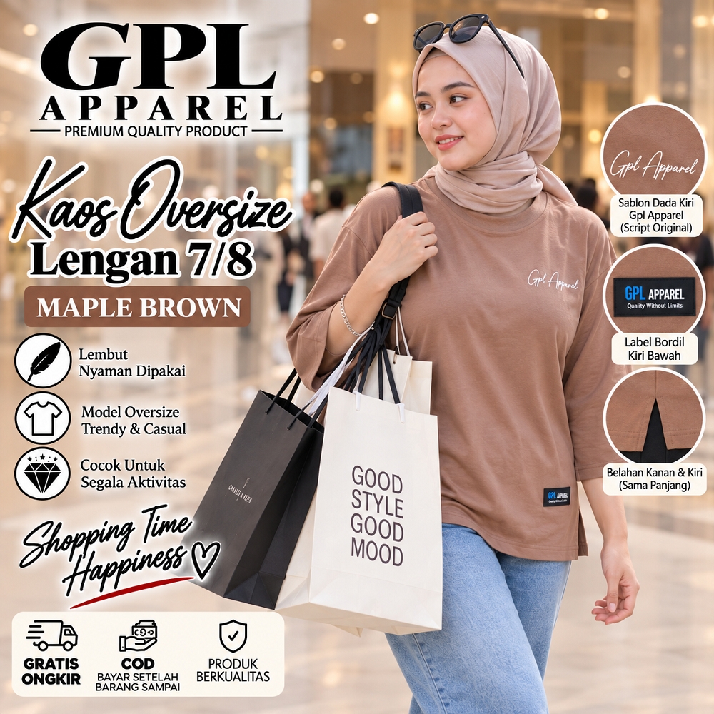 MAPLE BROWN GPL APPAREL Kaos Wanita Oversize Lengan 7/8 Premium – Cotton Combed Adem & Nyaman - Gambar 3