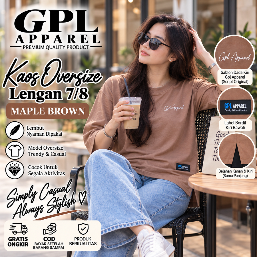 MAPLE BROWN GPL APPAREL Kaos Wanita Oversize Lengan 7/8 Premium – Cotton Combed Adem & Nyaman - Gambar 4