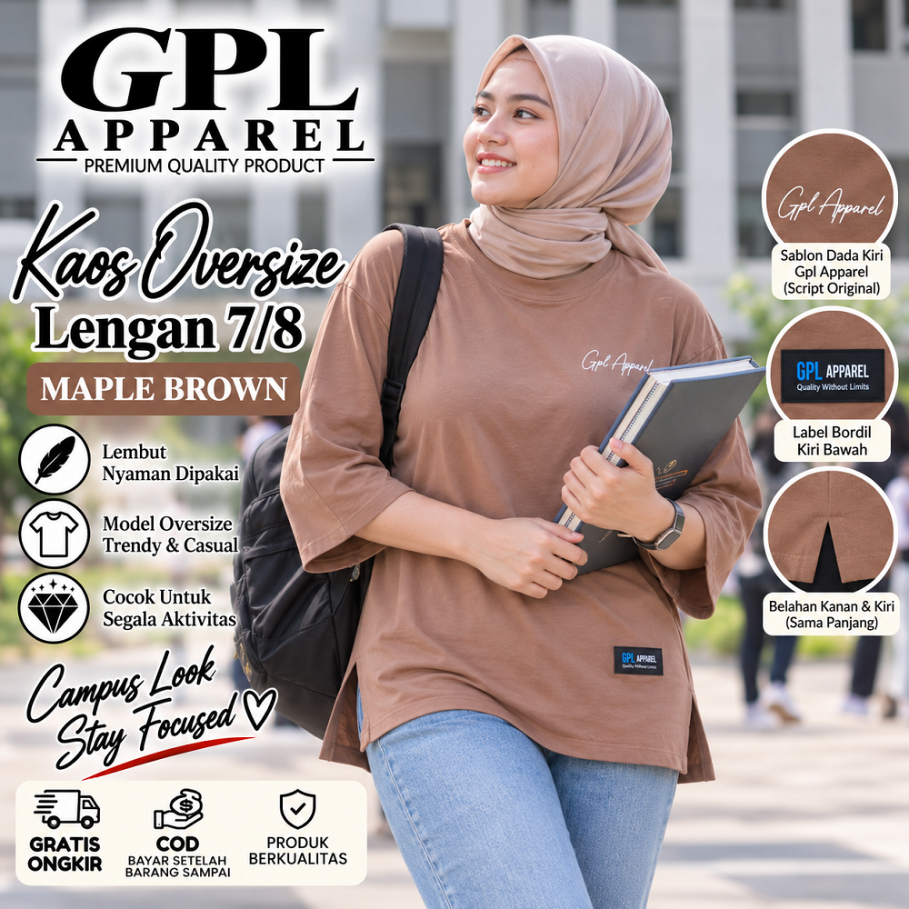 MAPLE BROWN GPL APPAREL Kaos Wanita Oversize Lengan 7/8 Premium – Cotton Combed Adem & Nyaman - Gambar 5
