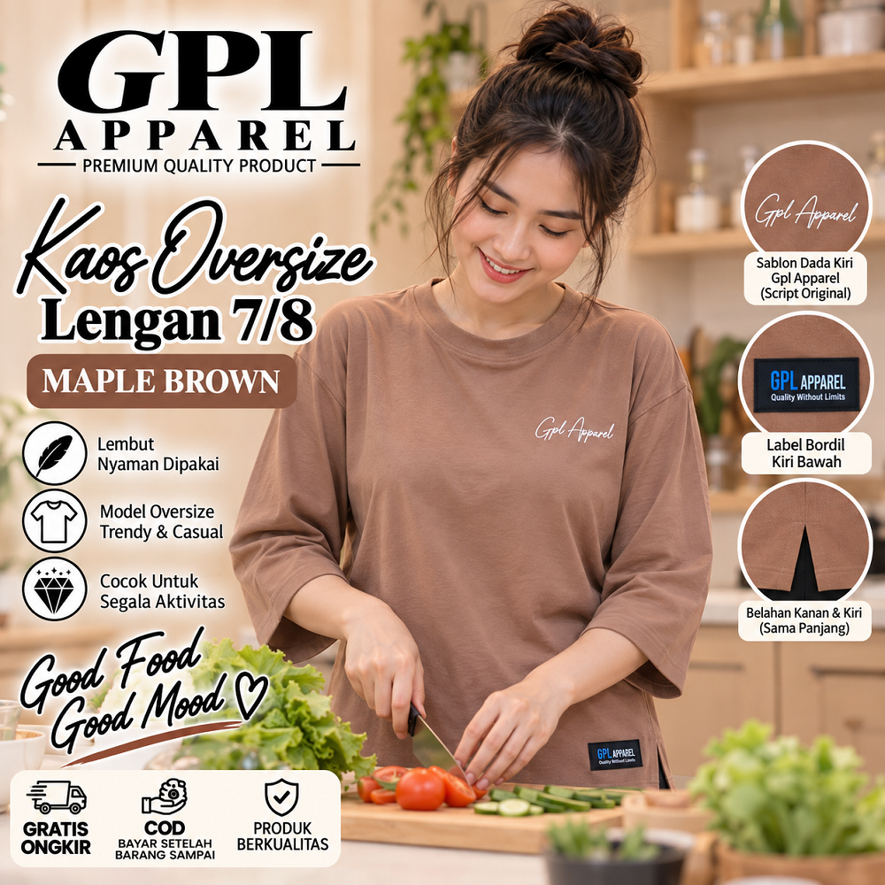 MAPLE BROWN GPL APPAREL Kaos Wanita Oversize Lengan 7/8 Premium – Cotton Combed Adem & Nyaman - Gambar 6
