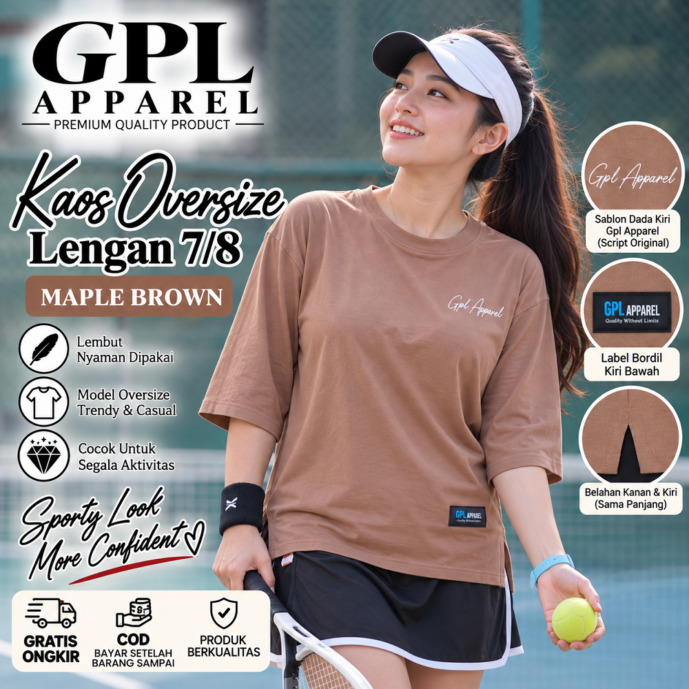 MAPLE BROWN GPL APPAREL Kaos Wanita Oversize Lengan 7/8 Premium – Cotton Combed Adem & Nyaman - Gambar 7