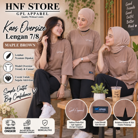 MAPLE BROWN GPL APPAREL Kaos Wanita Oversize Lengan 7/8 Premium – Cotton Combed Adem & Nyaman