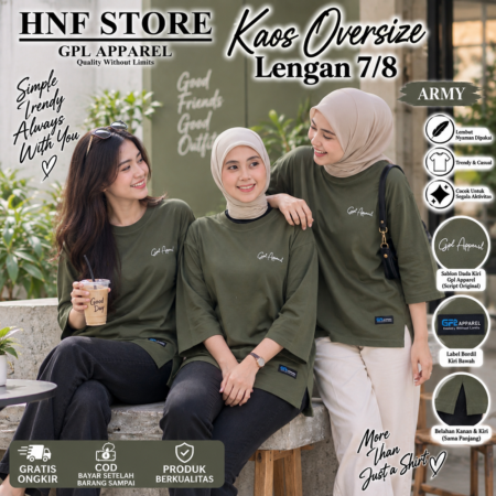 ARMY GPL APPAREL Kaos Wanita Oversize Lengan 7/8 Premium – Cotton Combed Adem & Nyaman