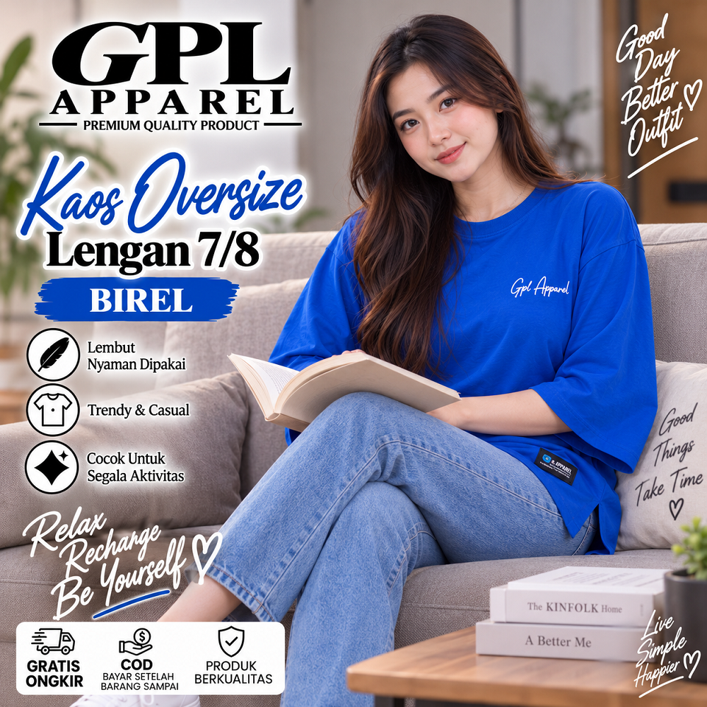 BIREL GPL APPAREL Kaos Wanita Oversize Lengan 7/8 Premium – Cotton Combed Adem & Nyaman - Gambar 2