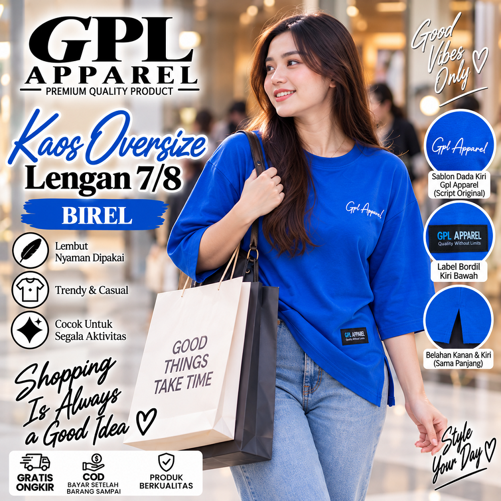 BIREL GPL APPAREL Kaos Wanita Oversize Lengan 7/8 Premium – Cotton Combed Adem & Nyaman - Gambar 4