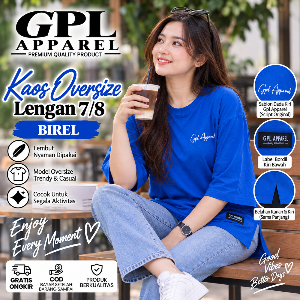 BIREL GPL APPAREL Kaos Wanita Oversize Lengan 7/8 Premium – Cotton Combed Adem & Nyaman - Gambar 6