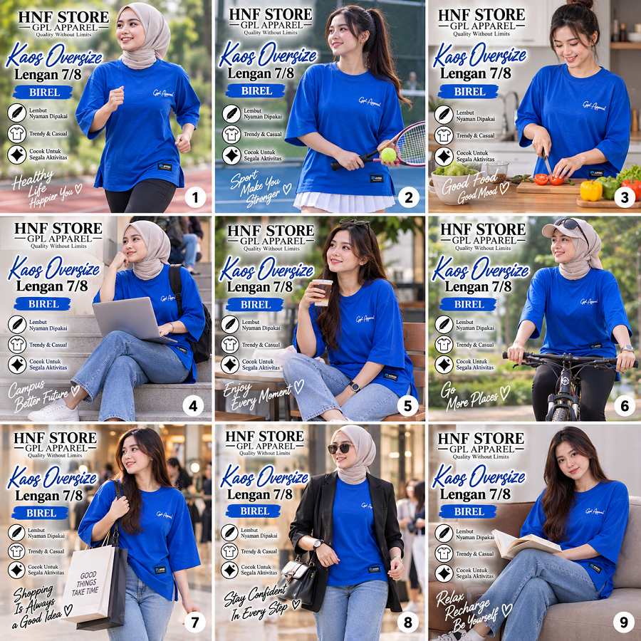 BIREL GPL APPAREL Kaos Wanita Oversize Lengan 7/8 Premium – Cotton Combed Adem & Nyaman - Gambar 11