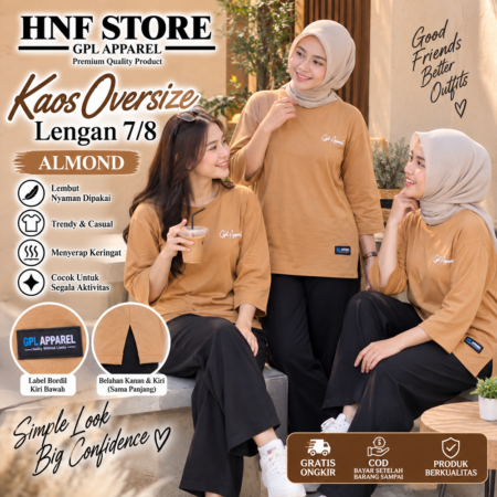 ALMOND GPL APPAREL Kaos Wanita Oversize Lengan 7/8 Premium – Cotton Combed Adem & Nyaman