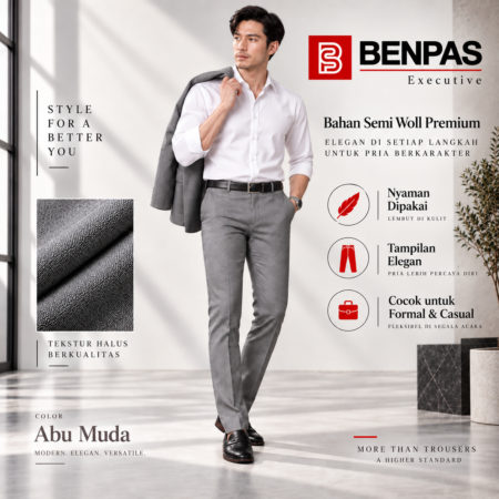 BENPAS Celana Kantor Pria Slim Fit Executive – Celana Formal Semi Wool ABU MUDA
