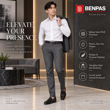 BENPAS Celana Kantor Pria Slim Fit Executive – Celana Formal Semi Wool ABU TUA